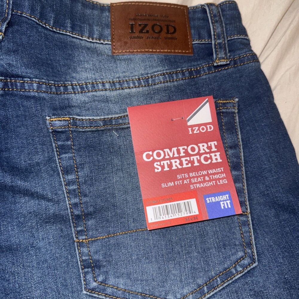 IZOD Men's Comfort Stretch Straight Fit Jean, Size 34X34 Slim Fit Medium Wash - Picture 3 of 5